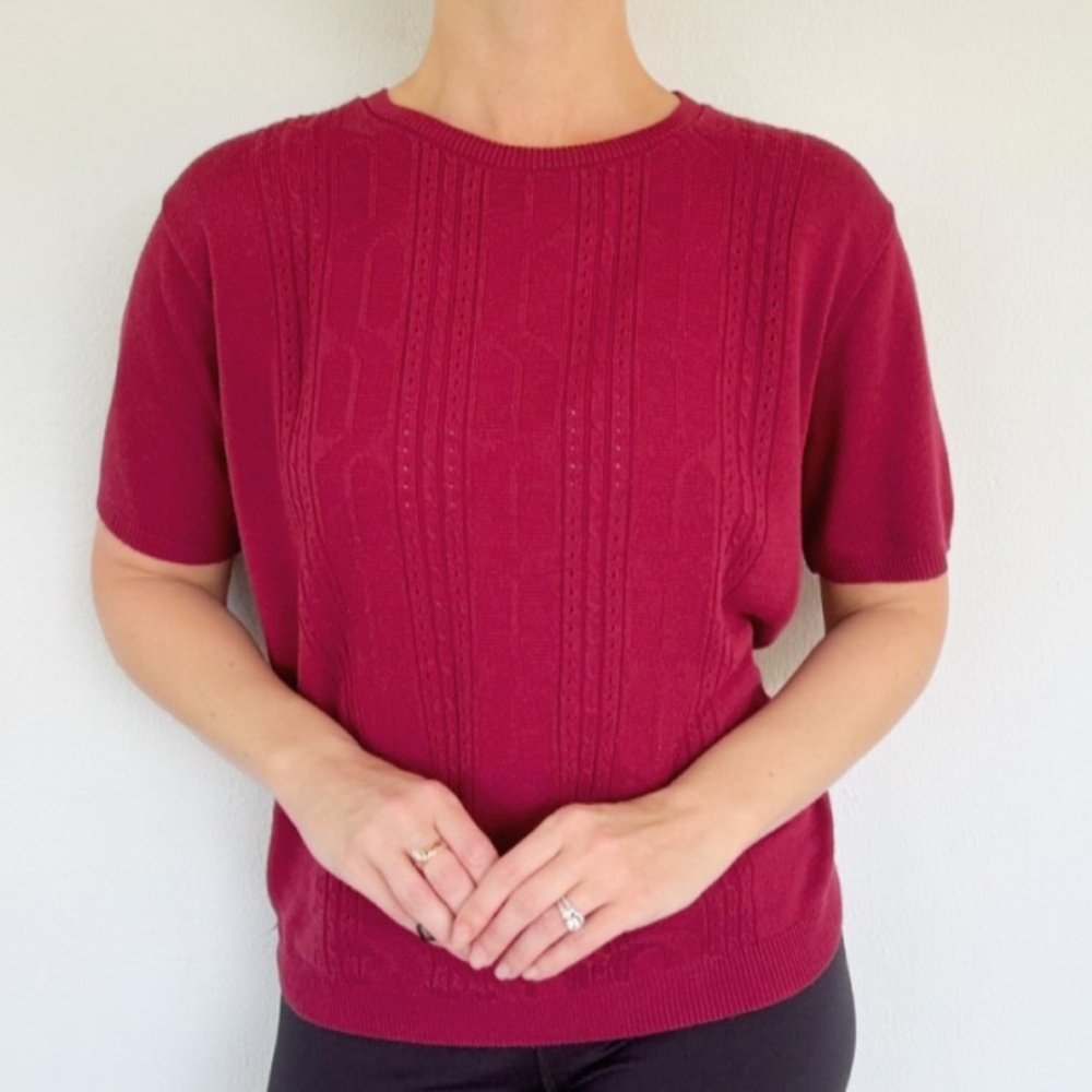 Alfred Dunner maroon red textured cable knit short sleeve sweater top medium